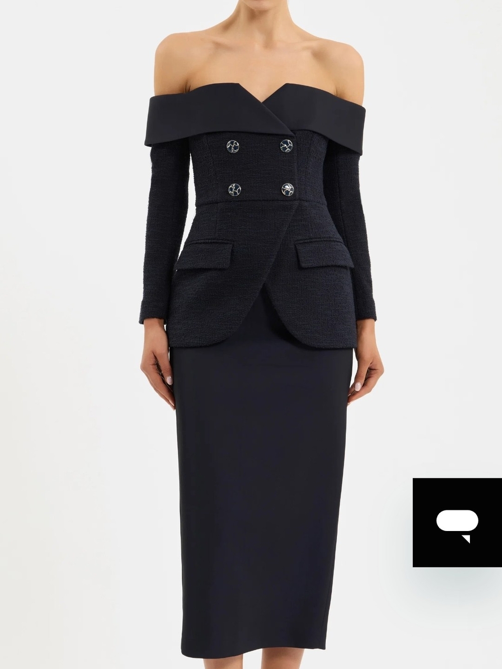 Rebecca Vallance London Midi Dress. Off-Shoulder Black Tweed Peplum Midi Dress